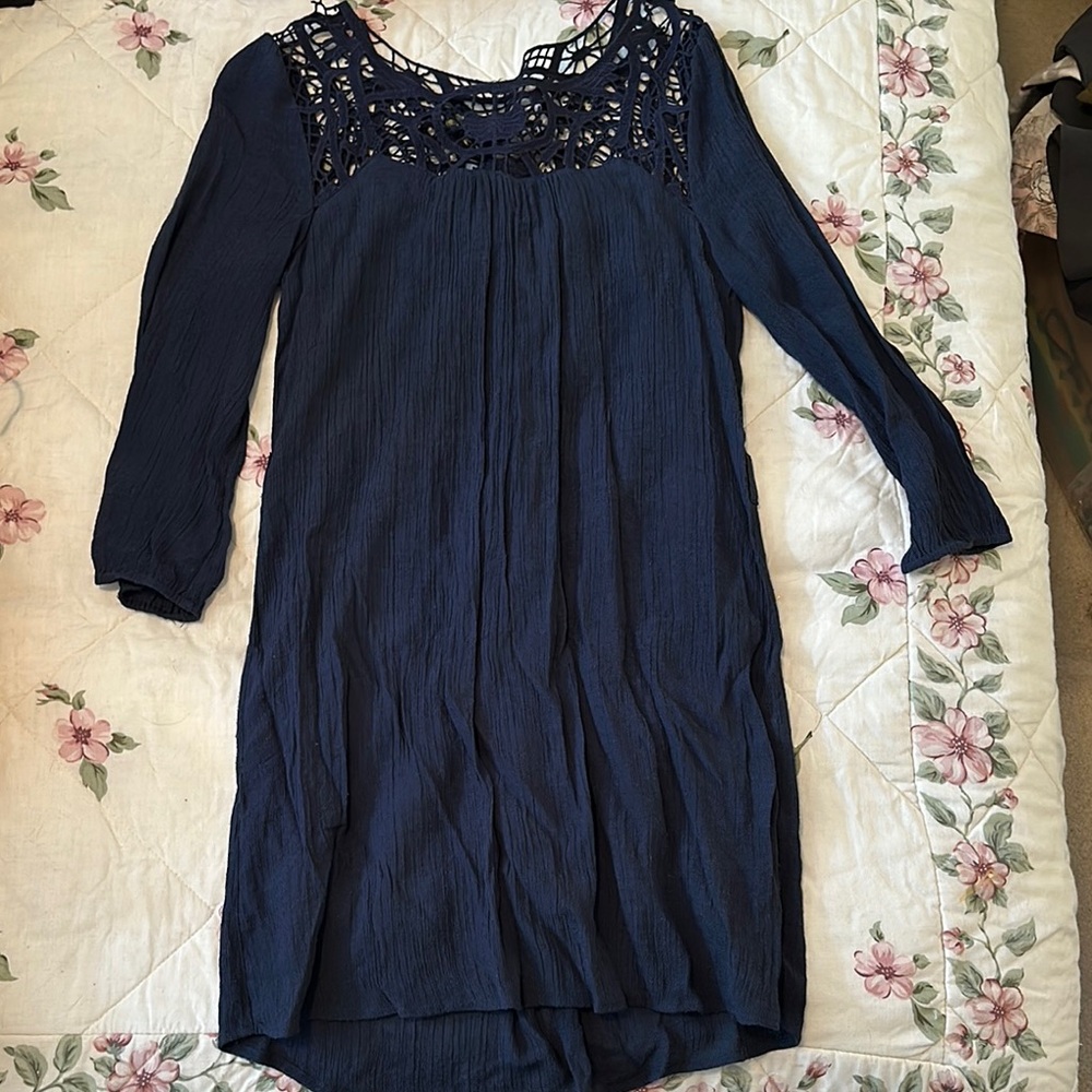 Navy Blue Dress with Lace Detail